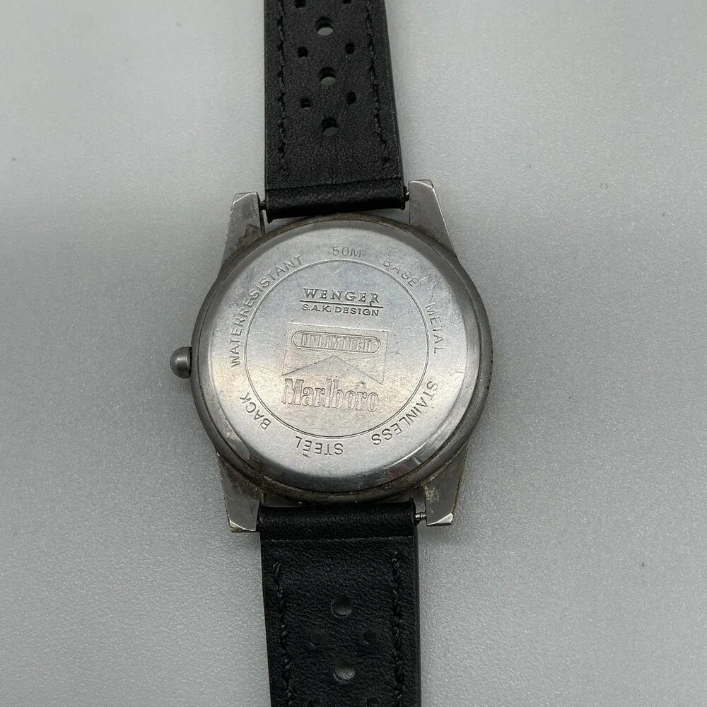 Vintage Wenger Marlboro Unlimited Men Watch 37mm Black Dial Leather New Battery